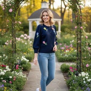 Kate Spade Navy Cardigan with Colorful Floral Accents